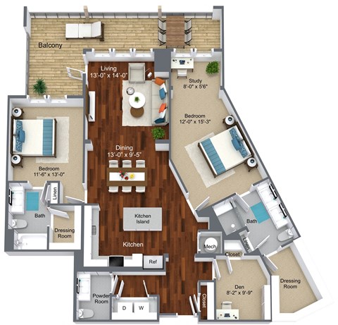 Floor plan for 2 beds, 2 baths, 1537 sqft